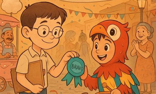 Miguel, menino de 10 anos, sorridente e tímido, rosto redondo, cabelos castanhos curtos e óculos finos, com pochete e um pequeno caderno de desenho, segura e entrega delicadamente um laço azul-turquesa escrito “BRAVO” a Caio, cerca de 8–10 anos, vestido com fantasia de arara colorida (penas vermelhas e amarelas) e olhos emocionados, que recebe o laço sobre o peito enquanto segura um pequeno tambor; ao fundo Dona Zuzu, vendedora de cinquenta anos com cabelo grisalho preso e vestido estampado, sorri e aplaude perto de uma vitrine de loja de fantasias; à esquerda, um vendedor de rua com um carrinho rosa de algodão-doce enfeitado oferece doces; em primeiro plano, um cachorrinho com capa de super-herói late alegremente com penas presas ao pelo; cena numa pequena praça urbana ao anoitecer, paralelepípedos brilhantes, guirlandas de papel entre postes, confetes no chão e uma faixa pintada “CARNAVAL DE LA GÉNÉROSITÉ”; momento principal: Miguel prende o laço “BRAVO” no peito de Caio após sua apresentação, entre aplausos, luzes quentes e atmosfera festiva, suave e acolhedora.