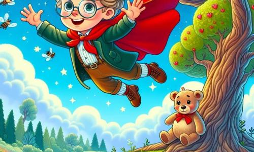 Super-Tomek to młody człowiek z blond, kręconymi włosami, noszący czerwoną pelerynę, która powiewa na wietrze. Ma okrągłe okulary i szeroki uśmiech, pokazujący jego determinację i radość, gdy leci w powietrzu z otwartymi ramionami nad majestatycznym drzewem. Obok niego Miś Maćko, jasnobrązowy miś pluszowy z małą czerwoną kokardką na szyi, patrzy w górę z błyszczącymi oczami pełnymi ekscytacji. Siedzi na gałęzi, czekając na powrót Super-Tomka z upragnionym słoikiem miodu. Miejsce to czarujący krajobraz, pełen kolorowych kwiatów tańczących na wietrze, z puszystymi chmurami i jasnoniebieskim niebem. Grube pnie drzew i bujne zielone liście otaczają scenę, tworząc magiczną atmosferę. Główna sytuacja pokazuje Super-Tomka przelatującego nad drzewem, trzymającego słoik miodu w rękach, podczas gdy Miś Maćko z entuzjazmem go zachęca, gotowy do wspólnego świętowania ich zwycięstwa.