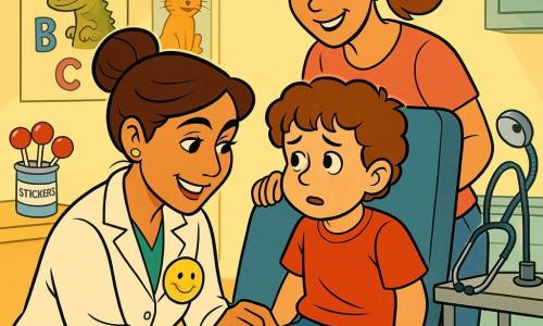 A smiling, compassionate South Asian woman doctor with brown hair in a bun and a white coat bearing a large yellow smiley badge near her heart kneels to gently place a star-patterned colorful bandage on the scraped knee of a worried-then-relieved 7-year-old boy with curly brown hair in jeans, who sits on an exam chair at the doctor's level and looks at the badge, while his fair-skinned mother (about 30–35) with a ponytail stands behind the chair, hands on the backrest, smiling and relieved; the bright, welcoming exam room has pale yellow walls, animal and alphabet posters, a small table with jars of lollipops and stickers, and a metal cart with a stethoscope and exam lamp, the warm light creating a reassuring atmosphere.