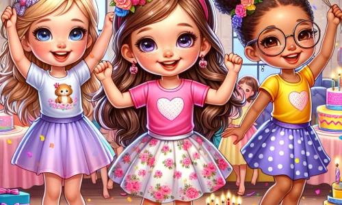 Hay tres personajes principales: 1. **Luna**: una niña de cuatro años con largos cabellos castaños y ojos brillantes. Lleva una bonita camiseta rosa y un short de flores. Está en el centro de la imagen, sonriendo, sosteniendo globos de colores en sus manos. 2. **Sofía**: una niña de cuatro años con trenzas rubias y gafas redondas. Lleva un vestido azul con lunares blancos. Está a la izquierda de Luna, lanzando serpentinas al aire con una gran sonrisa. 3. **Valentina**: una niña de cuatro años con cabellos negros rizados y una diadema colorida. Lleva una camiseta amarilla y una falda violeta. Está a la derecha de Luna, bailando alegremente con los brazos en alto. La escena tiene lugar en una sala de fiesta decorada con globos multicolores y serpentinas colgadas del techo. Al fondo, hay una gran mesa adornada con un hermoso pastel de cumpleaños de colores vivos, con velas brillantes. La situación principal muestra a las tres amigas en plena celebración, rodeadas de risas y alegría, listas para cantar 