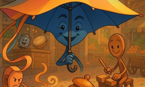 Um grande guarda-chuva antropomórfico (tipo sombrinha de tecido azul-marinho com pontas prateadas) ao centro, rosto bordado com sobrancelhas e olhos risonhos, expressão determinada e benevolente, segurando aberto sobre um amplo tecido multicolorido 