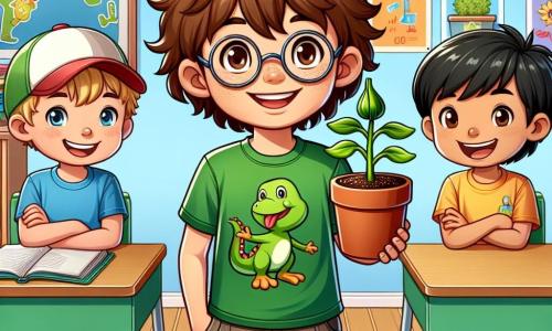 Într-o sală de clasă colorată și primitoare, vedem trei copii: Matei, un băiat de 10 ani cu părul brun și ochelari rotunzi, care poartă un tricou verde cu un dinozaur amuzant și ține un ghiveci mic cu o plantă de fasole care începe să crească, zâmbind cu mândrie; Andrei, un băiat de 10 ani cu părul blond și ochi strălucitori, aflat la stânga lui Matei, îmbrăcat într-un tricou albastru și ținând o carte deschisă cu un copac mare desenat, admirându-l pe Matei; și Alex, un băiat de 10 ani cu părul negru și o șapcă roșie, aflat la dreapta lui Matei, cu brațele încrucișate și un zâmbet complice, purtând un tricou galben și având un carnet mic în mână, pregătit să ia notițe. Sala de clasă este luminoasă, cu pereți vopsiți în albastru deschis și afișe colorate pe științe și matematică. Matei prezintă entuziast proiectul său despre planta de fasole, iar Andrei și Alex îl ascultă atent, înconjurați de colegi curioși. Atmosfera este veselă și plină de energie, ilustrând bucuria de a învăța și de a împărtăși descoperiri între prieteni.