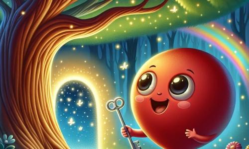 Ein kleiner roter Ballon, rund und lächelnd, mit großen, neugierigen Augen, springt fröhlich in der Bildmitte und hält einen glänzenden silbernen Schlüssel in seinen kleinen "Händen". Er zeigt große Aufregung und ein Gefühl von Abenteuer. Rechts von ihm steht ein majestätischer großer Baum mit einem dicken Stamm und üppigem grünem Laub, der den Ballon weise und wohlwollend beobachtet. Seine Äste breiten sich wie schützende Arme aus, und er ist von kleinen Glühwürmchen umgeben, die funkeln und der Szene einen magischen Touch verleihen. Die Kulisse ist ein verwunschener Garten, durchflutet von goldenem Licht, in dem bunte Blumen sanft im Wind tanzen. Ein strahlender Regenbogen spannt sich über ihnen und schafft eine traumhafte, geheimnisvolle Atmosphäre. Die Hauptsituation zeigt den kleinen roten Ballon, der bereit ist, ein geheimnisvolles funkelndes Portal zu öffnen, mit dem silbernen Schlüssel erhoben, während der weise Baum ihn ermutigt, die Wunder zu entdecken, die ihn auf der anderen Seite erwarten.
