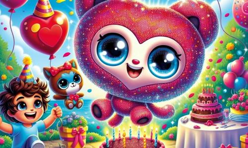 Pipo, un globo de cumpleaños en forma de corazón, flota alegremente en el centro de la imagen, con una gran sonrisa y ojos brillantes de emoción. Es de color rojo y rosa, con motivos de confeti brillante en su superficie. A su derecha, Lucas, un niño pequeño con cabello castaño y rizado, lleva un sombrero de fiesta colorido y una camiseta azul. Está saltando de alegría, con una gran sonrisa en el rostro, listo para celebrar el cumpleaños de su amigo. A la izquierda, Sofía, un adorable gato de peluche con un pelaje suave y ojos brillantes, está sentada en una mesa decorada con serpentinas y globos. Parece encantada, levantando una pata como si quisiera aplaudir. El decorado es un jardín encantador, lleno de flores coloridas, globos flotando en el cielo azul y una gran mesa con un magnífico pastel de chocolate decorado con velas brillantes. La escena principal muestra a Pipo rodeado de sus amigos, todos listos para cantar "Feliz Cumpleaños", con estrellas doradas cayendo del cielo, creando una atmósfera mágica y festiva.