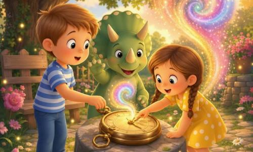 Hay tres personajes: Lucas, un niño de unos 7 años con pelo castaño claro corto, camiseta a rayas azul y blanca y vaqueros, a la izquierda con la mano sobre un reloj antiguo de latón brillante y mirada maravillada hacia un portal; Clara, una niña de unos 6 años con trenzas morenas, vestido amarillo de lunares blancos y sandalias rojas, a la derecha inclinada hacia el reloj, sonriendo y señalando una aguja dorada con curiosidad; y Tito, un pequeño triceratops amistoso de piel verde clara con manchas crema, cuernos redondeados y ojos grandes y suaves, en el centro detrás de los niños, levantando una pata como saludando. Lugar: jardín de la abuela al final de la tarde con flores silvestres rosas, margaritas blancas, banco de madera gastado, camino de piedras, un gran roble y algunas luciérnagas. Situación: los niños giran las agujas del reloj antiguo sobre una piedra; frente a ellos se abre una espiral luminosa multicolor con partículas doradas brillando y el triceratops emerge del vórtice en un gesto tierno; atmósfera cálida, colores pastel vivos y sensación mágica y segura.