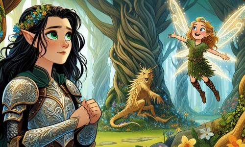 Elara, a brave young woman around 20 years old, stands proudly at the center of the image. She has long black hair, sparkling green eyes filled with determination, and wears shimmering armor adorned with floral patterns. Her expression is focused and resolute as she wields a glowing sword emitting a soft light. Beside her, Nixie, a small fairy with bright wings, joyfully flits in the air. She has golden hair and a mischievous face, seemingly encouraging Elara with a big smile. A bit further away, Zephyrus, a majestic dragon with emerald green scales, stands on a rock, his wise eyes observing the scene kindly. The setting is the enchanted forest of the Whispering Woods, where gigantic trees with gnarled trunks rise toward the sky, their leaves sparkling in the sunlight. Colorful flowers and magical creatures hide in the bushes, adding a touch of mystery to the environment. The main situation shows Elara in action, ready to confront Malakar, the evil sorcerer, who emerges from the shadows with a menacing expression. Shadows dance around him as Elara, with Nixie and Zephyrus by her side, prepares to defend her kingdom with bravery and determination.