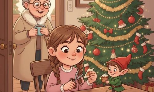 Bambina di 8 anni, volto rotondo, capelli castano chiaro in due trecce, occhi grandi e brillanti, sorriso malizioso; tiene delle forbici e incolla un disegnino su un segnalibro, seduta davanti a un tavolo ingombro. Il folletto birichino Lillo, elfo minuscolo (~10 cm), pelle chiara, cappello a punta rosso, stivaletti ricurvi e giacca verde, espressione maliziosa, è in piedi sul tavolo vicino ai pennarelli e incolla un panettone in versione cartone su un altro segnalibro. Donna anziana di circa 75 anni, capelli grigi raccolti a chignon, occhiali tondi, cappotto chiaro, sorride dall’anta della porta tenendo una tazza di cioccolata calda. Salotto natalizio caldo: grande albero con ghirlande dorate e palline rosse, lucine scintillanti, calze appese, scatola di biscotti aperta, fogli colorati, forbici, colla e glitter sparsi sul tavolo di legno. Scena di complicità: la bambina e il folletto creano insieme segnalibri divertenti da regalare; luce calda, atmosfera gioiosa e giocosa, composizione centrata sul tavolo con l’albero sfocato sullo sfondo. Stile: linee nette, colori vivaci, texture morbide, espressioni leggibili, proporzioni infantili e folletto volutamente minuscolo per accentuare il lato magico.