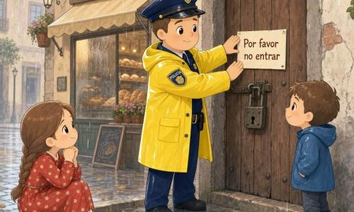 Un policía de unos 35 años, rostro redondo, piel clara y sonrisa amable, con uniforme azul, impermeable amarillo y gorra, pega un cartel «Por favor no entrar» en una vieja puerta de madera con un gran candado, postura tranquila; a la derecha, un niño de unos 6 años de cabello castaño corto, sonrisa curiosa, juega con una charca con sus botas y mira al policía; a la izquierda, una niña de unos 8 años con trenzas y vestido rojo de pequeñas flores está sentada en el bordillo con las manos juntas, atenta y tranquila; al fondo una pequeña panadería con escaparate empañado y un letrero «Panadería», calle empedrada con charcos relucientes y hojas húmedas; cielo gris con lluvia fina formando círculos en los charcos; atmósfera cálida y segura, colores pastel, contornos suaves y luz tenue; la escena muestra al policía protegiendo y explicando, los niños escuchando, subrayando la seguridad y el respeto del lugar.