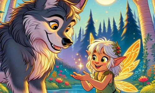 Ein Werwolf namens Lupo, mit weichem grauem Fell, großen sanften Augen und einem warmen Lächeln, steht am Ufer eines glitzernden Teiches. Er zeigt Wohlwollen und Neugier, während er aufmerksam eine kleine Elfe betrachtet. Lumi, die Elfe, ist ein etwa 8-jähriges Mädchen mit funkelnden Flügeln und goldenen Haaren. Sie hat einen Ausdruck von Freude und Aufregung und hält in ihren Händen einen kleinen leuchtend roten Stein, ihren wertvollen gefundenen Schatz. Der Ort ist ein geheimnisvoller Sumpf, gefüllt mit großen, knorrigen Bäumen, bunten Blumen, die im Licht der untergehenden Sonne leuchten, und Wasserreflexionen, die an der Oberfläche des Teiches tanzen. Die Hauptsituation zeigt Lupo und Lumi, die die Entdeckung des magischen Steins feiern, umgeben von der verzauberten Schönheit des Sumpfes, was ihre Freundschaft und die bevorstehenden Abenteuer symbolisiert.
