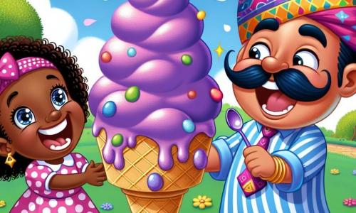 A 2-year-old girl with big sparkling eyes and curly hair is laughing heartily. She wears a colorful polka-dot dress and holds a huge purple ice cream cone overflowing with ice cream. Next to her is Wacky Willy, a funny man in his 30s with a large colorful hat and a silly mustache, smiling while waving a small spoon. They are in a sunny park filled with green trees and bright flowers, with splashes of purple ice cream on the grass and tree trunks. The scene shows Mia and Wacky Willy having fun sharing ice cream scoops, creating a joyful and colorful party under a blue sky.