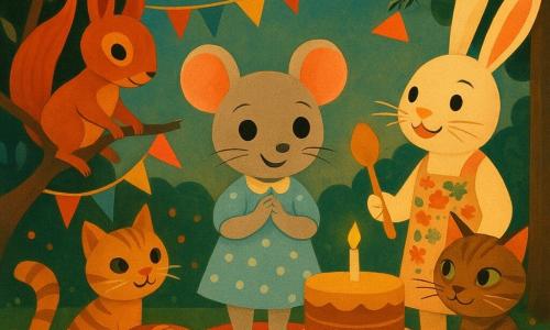 Milla, kleine graue Maus mit weichem Fell, runden glänzenden Augen und hellblauer gepunkteter Kleidung, steht auf einem roten Kissen mit schüchternem Lächeln und gefalteten Händen und hält eine kurze Rede; daneben Emil, roter Eichhörnchen mit langen Ohren, hängt bunte Bänder an einem linken Ast, Hops, großer weißer Hase mit Schnurrhaaren und geblümter Schürze, lächelt und hält einen Löffel neben einem Kuchen auf einem Tisch rechts, Kira, ruhige getigerte Katze mit grünen Augen, trägt ein Tablett mit Kerzen und steht am Kuchen bereit, Violeta, kleiner violetter Vogel mit ausgebreiteten Flügeln, fliegt über die Szene und hält eine Wimpelkette, Susi, kleine braune Schildkröte mit gemusterter Panzer, sitzt im Vordergrund mit einem Teller Kekse und liebevollem Blick; Ort: Garten in der Dämmerung mit grüner Wiese und Blumen, Lichterketten zwischen Bäumen, bemalte Holztische und sanft leuchtende Papierlaternen; Stimmung: intime, fröhliche Geburtstagsfeier, warme bunte Atmosphäre, Freunde versammelt um Milla, reich an Texturen (Holz, Stoff, Fell, Papier) in einfachen, geometrischen Art-déco-Formen, klaren Konturen, warmen kontrastreichen Farben und sanfter Dämmerungsbeleuchtung.