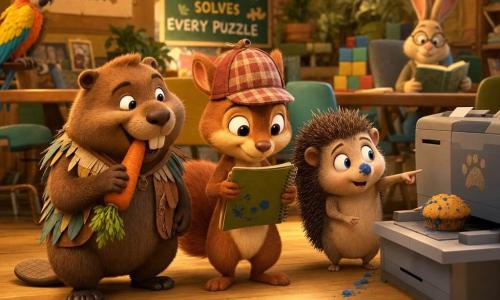 Milo, a small detective squirrel, is centered looking focused and kind, wearing a red-and-beige check hat, bright eyes, soft red fur and holding a green notebook stained with blue crumbs; to his left Benny, a round smiling beaver, chews an orange carrot and looks ready to help; to his right Tiny Tim, a tiny embarrassed hedgehog with a blue-stained nose and rounded quills, points to a gray printer with a crushed muffin on it; a warm coworking space fills the background with light wood tables, colorful chairs, stacked blocks, potted plants and hanging yellow lights, blurred animals for depth; blue crumbs form a visible trail on the floor and a paw print marks the printer, creating a joyful, softly lit scene with plush textures and warm colors.