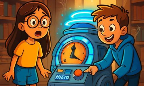 Er zijn 2 hoofdpersonages: - Noor: een 10-jarig meisje met lang bruin haar en een ronde bril. Ze draagt een felgele t-shirt en een spijkerbroek. Noor staat met verwonderde ogen voor een tijdmachine. - Daan: een 10-jarige jongen met kort, rommelig kastanjebruin haar. Hij draagt een blauwe hoodie en een zwarte broek. Daan leunt iets naar voren met een grote glimlach, klaar om op een knop van de machine te drukken. De situatie speelt zich af in een oude mysterieuze bibliotheek met grote houten planken vol oude boeken. Stralen licht filteren door de stoffige ramen en verlichten spinnenwebben in de hoeken. In het midden van de kamer staat een glanzende, futuristische tijdmachine, omringd door verspreide boeken en verfrommelde papieren. De hoofdscène toont Noor en Daan, gefascineerd door de tijdmachine, klaar om hen mee te nemen op avonturen door verschillende tijdperken. Ze staan zij aan zij, ongeduldig en nieuwsgierig, terwijl de machine een mysterieuze gloed uitstraalt, die buitengewone reizen belooft.
