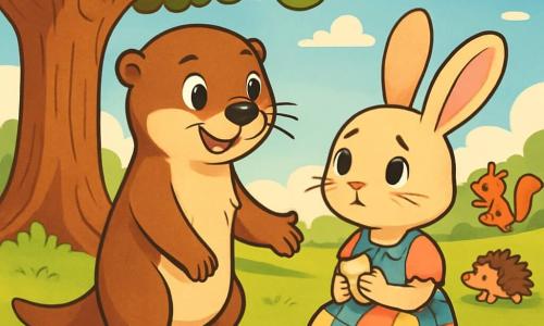 Oliver, a young otter with sparkling eyes and soft brown fur, stands under a large oak tree, looking curious and determined. He gazes at Bella, a small bunny with big ears, who sits on the grass with a shy and somewhat sad expression. Bella wears a colorful patchwork dress, her delicate paws holding a small piece of bread and a carrot. Their friends, a playful squirrel and a friendly hedgehog, are playing a little further away, but Oliver focuses on Bella, ready to invite her to join them. The scene takes place in a sunny park, with colorful flowers dancing in the breeze and a blue sky dotted with white clouds. Oliver reaches out to Bella, inviting her to share a moment with him, as the sun's rays illuminate their budding friendship.