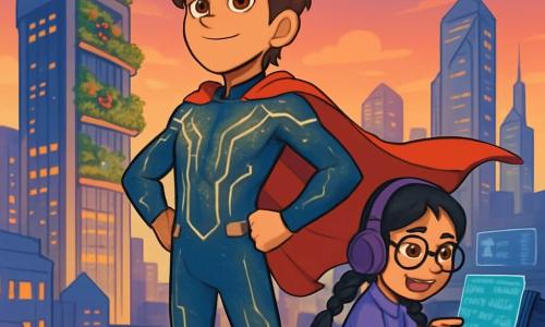 A young man, Cale, stands on the roof of a massive skyscraper, the Verdant Spire, with a determined and confident look. He has messy brown hair, sparkling copper eyes full of energy, and wears a flowing red cape. His shimmering costume is adorned with reactive threads that glow in the sunset light. Next to him is a girl named Jazz, about 12 years old, sitting on a ledge surrounded by tech gadgets. She has braided black hair, round glasses, and a mischievous smile as she manipulates a small holographic screen with flashing data. The setting is a futuristic city with sparkling glass buildings, overflowing hanging gardens, and a sky vibrant with orange and purple hues, illuminated by party lights below. The main scene shows Cale ready to dive into action as he prepares to confront a mysterious villain threatening to silence the city. The atmosphere is electrifying, filled with tension and excitement, with shadows dancing around them.