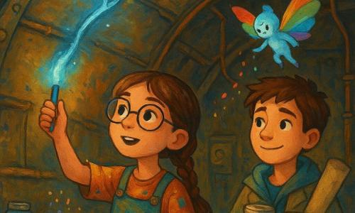 A determined, wide‑eyed 10‑year‑old girl with round glasses and a brown braid holds a small crystalline lamp pulsing pale blue and leans it toward a metallic vein in a sleeping dome; an about‑11‑year‑old boy, Kio, worried but smiling, stands beside her with glass jars of colored ribbons, wearing a cartographer's coat with a roll of maps under his arm; a small Paintling named Pip, wallpaper‑rain colored with rainbow wings, flutters above an open jar, sprinkling paint like fine droplets. They are inside a large mechanical chamber under the dome: curved metal ribs, exposed copper wires, glittering fringed joints and rows of jars on a worn wooden table; warm golden light glows where color reconnects the veins and bright filaments close with tiny luminous notes. The main action shows the girl gently pouring an azure ribbon from a jar into a dome vein while Kio readies the next jar and Pip scatters colored sparkles. Science‑fantasy textures of aged metal and vibrant paint, iridescent reflections and small magical sparks; acrylic painting style with visible brushstrokes, saturated palette (sky blue, pale gold, mint, purple), warm contrasts and charming childlike details.