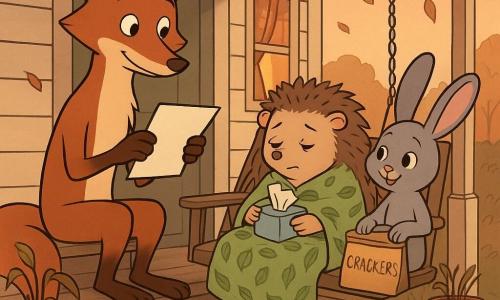 Milo, a slim, smiling but attentive red fox with gentle, slightly worried eyes, sits on worn wooden steps holding a sheet of paper and calmly demonstrating the ten-breath technique; Hazel, a small hedgehog with soft quills and a pale face wrapped in a leaf-pattern blanket, sits on a porch swing looking tired but relieved with a box of tissues on her lap; Juniper, a gray rabbit with large ears, sits beside them on the swing with a paper bag labeled CRACKERS, smiling encouragingly; behind them is a cream-painted wooden house with a plaid-curtained window, faded flower pots, and a warm interior light; an open yellow packet labeled HAZEL'S NO-STRESS PACKET with scribbled papers and a doodled teacher peeks out on the step; the mood is twilight, peach sky, falling leaves, warm calming tones, intimate and soothing.