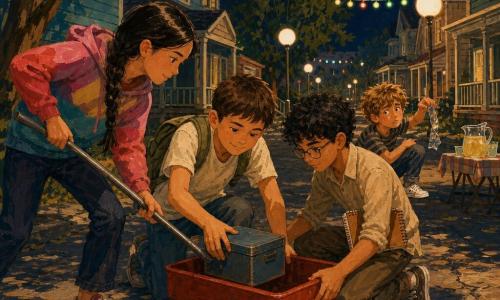 Four 11‑year‑olds kneel under warm lantern light on a 1960s neighborhood street: Milo, short brown hair and a confident smile, in a light T‑shirt and backpack, kneels by a small red cart pushing a blue tin ticket box forward; Zara, long black braid and a determined face in a colorful hoodie, leans from Milo’s left holding a metal pole as a lever; Jun, curly hair and glasses in a plain shirt with a notebook under his arm, steadies the cart’s right side with both hands; Cal, tousled hair and modern shiny white sneakers, crouches slightly behind them, guilty and worried, holding a thin shiny plastic strip he just discarded. Festive porch houses, round streetlamps, strings of colored bulbs, folding tables with lemonade and cracked sidewalk textures complete the tender, slightly tense rescue scene.