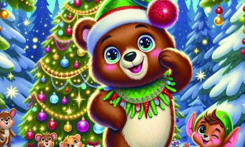 In the center of the image, Benny, a brown bear with sparkling eyes and a warm smile, joyfully dances under a large Christmas tree decorated with sparkling garlands and colorful ornaments. His paws are raised in the air, and he wears a small red Christmas hat adorned with a white pom-pom, showing his contagious enthusiasm. Next to him, Twizzle, a mischievous elf with tousled hair and pointed ears, laughs heartily. He wears a bright green costume with snowflake patterns and jingling bells that tinkle with each movement. His face is lit up with a playful expression as he winks at Benny. The setting is an enchanted forest, with majestic trees covered in sparkling snow, snowflakes gently falling from the starry sky, and curious animals watching the scene with wide eyes, adding a touch of magic to the festive atmosphere. The main scene shows Benny and Twizzle dancing around the tree, surrounded by laughter and joy, celebrating the spirit of Christmas together with bursts of light and color, creating a warm and festive ambiance.