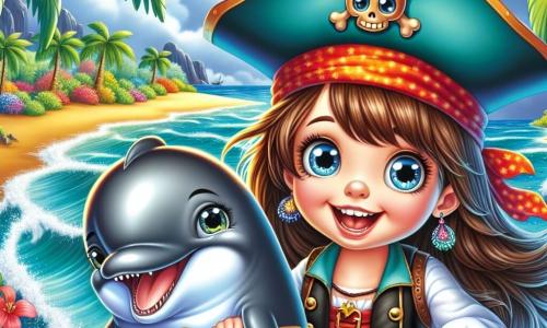 Młoda piratka, Lusia, znajduje się w centrum obrazu, z długimi brązowymi włosami powiewającymi na wietrze. Ma na sobie kapelusz piracki ozdobiony kolorowym piórem i skórzaną kamizelkę, a na jej twarzy widnieje szeroki uśmiech ekscytacji. Obok niej skacze radosny delfin o imieniu Darek, z gładką, srebrzystą skórą, a jego oczy błyszczą figlarnie. W tle widać tropikalną wyspę, pokrytą bujnymi zielonymi palmami i jaskrawymi kwiatami, podczas gdy jasnoniebieskie niebo łączy się z kilkoma białymi, puszystymi chmurami. Morze mieni się w słońcu, a delikatne fale rozbijają się o złoty brzeg. Scena ukazuje Lusię i Darek odkrywających tajemniczą mapę skarbów, z błyszczącymi symbolami i krętymi ścieżkami, podczas gdy grupa wesołych piratów, wszyscy uśmiechnięci, gromadzi się wokół nich, nie mogąc się doczekać rozpoczęcia swojej przygody.