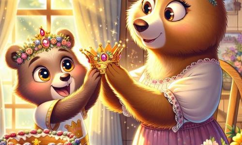 Um jovem urso chamado Pitoco, com pelagem castanho claro e olhos brilhantes de alegria, está segurando uma linda coroa de flores coloridas e pedras brilhantes, com um grande sorriso no rosto. Ao seu lado, sua mamãe, Dona Ursulina, uma ursa de pelagem suave e cremosa, com um olhar emocionado e lágrimas de felicidade nos olhos, admira a coroa que seu filho lhe oferece. O cenário se passa em uma charmosa cozinha de madeira, repleta de deliciosos aromas de bolos e flores, com raios de sol filtrando pelas janelas, iluminando o ambiente com luz dourada. A situação principal mostra Pitoco, todo animado, oferecendo a coroa à sua mamãe, que é tocada por esse gesto carinhoso e cheio de amor, criando um momento mágico e acolhedor entre eles.