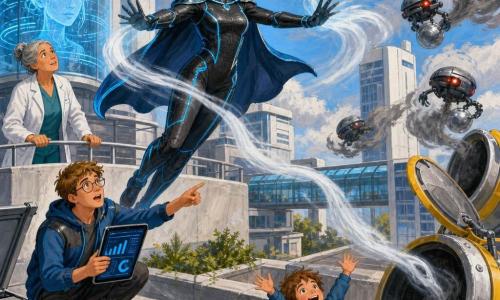 Heroína Íris, rosto determinado e sereno, expressão concentrada e benevolente; roupa preta com linhas azul‑elétricas brilhantes, capa curta e luvas; ela paira sobre o parapeito com os braços abertos, gerando correntes de ar visíveis como fitas brancas que aspiram fumaça cinzenta para grandes válvulas abertas. Médica ~55 anos, cabelos grisalhos presos, olhar preocupado mas aliviado, está atrás de Íris no telhado segurando a grade e observando a manobra. Residente homem ~28 anos, óculos redondos, pele clara, agachado perto de uma escotilha com tablet exibindo gráficos, monitora dados e aponta para os drones. Menino ~7 anos na rua abaixo, cabelos bagunçados, braços levantados rindo, olha para o céu. Presença holográfica CLARION: rosto feito de linhas azul‑pálido projetado acima de um grande cilindro transparente no telhado, expressão neutra‑curiosa com dados flutuantes ao redor. Drones metálicos redondos com luzes vermelhas, alguns segurando pequenas esferas prateadas (difusores), outros desorientados e rodopiando; traços de sopro e partículas. Local: terraço do Campus Médico Aurora, torres brancas e passarelas de vidro ao fundo, válvulas metálicas abertas com bordas amarelas, céu parcialmente cinza com abertura azul; texturas nítidas de concreto, metal e vidro. Cena dinâmica: Íris cria ventos visíveis para aspirar a fumaça e guiar os drones a recolher as esferas enquanto a equipe observa e a cidade respira; composição diagonal, contraste entre cinza da fumaça e azuis elétricos e branco, traços enérgicos e formas claras, voltada ao público jovem.