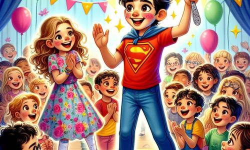 Um garoto de 11 anos, chamado Pedro, está em um palco colorido, com um grande sorriso e olhos brilhantes de excitação. Ele usa uma camiseta vermelha com um logo de super-herói e calças azuis, segurando uma colher em uma mão, fazendo objetos dançarem ao seu redor. Ao lado dele, uma menina de 10 anos, Ana, com cabelos longos e cacheados, aplaude entusiasticamente, com olhos brilhando de alegria. Ela veste um vestido florido e se posiciona um pouco à frente, encantada com a performance de Pedro. Ao fundo, um grupo de crianças da escola, com idades entre 9 e 12 anos, observa maravilhado, alguns rindo e outros tirando fotos. A cena acontece em uma sala de aula decorada com balões coloridos e guirlandas, com um grande painel escrito "Competição de Talentos" em letras brilhantes. Pedro, com sua colher mágica, faz livros e cadeiras dançarem, criando uma atmosfera alegre e cômica, enquanto vilões desajeitados tentam escapar ao fundo, adicionando um toque de humor à cena.