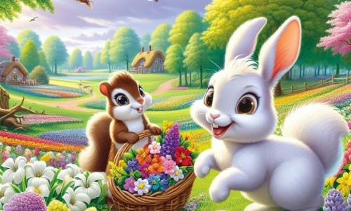 Benny, een jonge konijn met witte, zijdeachtige vacht en grote, glanzende ogen van opwinding, springt vrolijk midden in een kleurrijk bloemenveld, zijn kleine pootjes raken nauwelijks de grond. Naast hem staat Lila, een eekhoorn met een bruine vacht en sprankelende ogen, die glimlacht terwijl ze een grote mand vol stralende bloemen vasthoudt, klaar om de plek voor het Bloemenfeest te versieren. De achtergrond toont een prachtig groen veld, bezaaid met gele, paarse en roze bloemen, onder een heldere blauwe lucht, waar de zon straalt en de scène verlicht met zijn zachte lentelicht. In de verte staan majestueuze bomen met frisse bladeren, en vogels zingen vrolijk in de takken. Benny en Lila zijn druk in de weer met de voorbereidingen voor het Bloemenfeest, omringd door de schoonheid van de natuur, terwijl ze bloemen verzamelen om hun feest te versieren, vol vreugde en enthousiasme voor de komst van de lente.