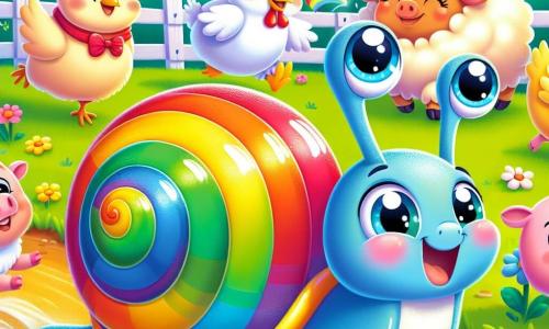 Um caracol colorido chamado Cacá, com uma concha brilhante em tons de azul e verde, sorri alegremente enquanto desliza lentamente na grama. Seus olhos cintilantes mostram seu entusiasmo enquanto participa de uma corrida divertida. Ao lado dele, Clara, uma galinha com penas brancas e douradas, bate as asas com empolgação, cantando para incentivar Cacá. Pipo, um porquinho rosa com uma pequena gravata borboleta vermelha, faz caretas rindo, enquanto Lili, uma doce ovelha lanosa com olhos redondos, salta de alegria, aplaudindo seu amigo. A cena acontece em uma linda fazenda ensolarada, cercada por flores coloridas e árvores verdejantes, com uma pequena cerca de madeira ao fundo. No centro, Cacá e seus amigos estão alinhados na linha de partida, prontos para uma corrida cheia de risos e amizade.