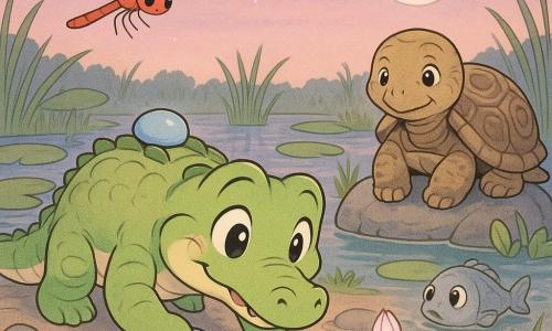 A young friendly crocodile named Crispin, serene and tender-eyed with shiny pale green scales and cream belly, gently places a pale blue stone on the sand at the edge of a twilight marsh while Dottie the iridescent-winged red dragonfly hovers above his snout, Madame Turtle, old and gentle with a textured brown shell, watches from a rock smiling, and a small silver, shy fish peeks near the pebble in shallow, mirror-calm water amid broad green water lilies, waving tall grasses and budding night flowers that slowly open and emit a soft glow under a mauve-pink sky and the moon’s pale light, creating a calm, magical, benevolent scene in a palette of greens, pale blues, and mauves with warm accents.