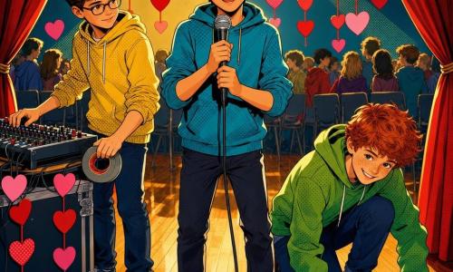 Drei Jungen, etwa 11 Jahre: Timo, braun zerzauste Haare, ausdrucksvolles Gesicht, lächelnd, steht mittig auf der Bühne und hält ein silbernes Mikrofon mit beiden Händen; Ben, braune gepflegte Haare, dünne Brille, konzentriert, links bei einem Mischpult, eine Hand an einem Bedienfeld, die andere hält Klebeband; Oskar, rothaarig mit Sommersprossen, schelmisches Lächeln, rechts in die Hocke gegangen und klebt ein Kabel mit Klebeband, auf dem ein kleines Papierherz liegt. Ort: große Aula, für Valentinstag dekoriert (glänzender Holzboden, dunkelroter Vorhang, Reihen grauer Stühle, verschwommene Kinder im Hintergrund, Herzgirlanden), warme weiche Beleuchtung mit flachen Schatten. Szene: Jungen installieren und testen ein Mikrofon für eine Valentinsansage — Timo spricht, Ben regelt den Pegel, Oskar sichert die Kabel; fröhliche, wohlwollende Atmosphäre, poppige Farben (Rot, Rosa, Gelb, Türkis), klare Konturen und starke Kontraste.