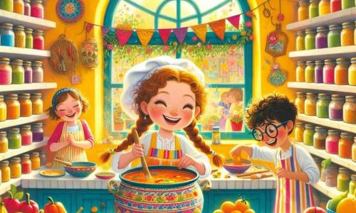 La chef Mariana, una mujer alegre con cabello rizado y una gran sonrisa, lleva un delantal colorido y un enorme sombrero de chef. Ella está mezclando una gran olla de sopa de colores vivos, con los ojos brillando de felicidad y emoción. A su lado, Martina, una niña de 7 años con trenzas y una camiseta a rayas, sostiene un molde en forma de estrella, lista para cortar verduras en forma de estrellas. Tomás, un niño de 8 años con gafas y una sonrisa traviesa, está vertiendo frutas en un gran bol, con las manos llenas de jugo colorido. La escena tiene lugar en la cocina de 