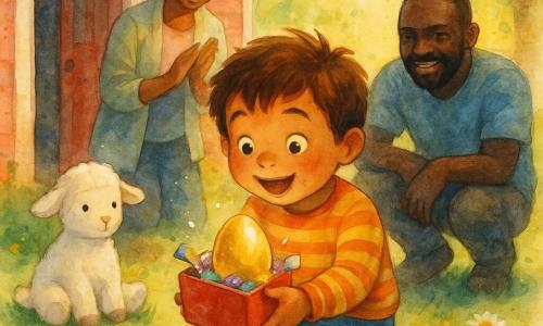 Niño de 4 años llamado Leo, rostro redondo y mejillas sonrosadas, cabello castaño desordenado, ojos brillantes y sonrisa asombrada, sosteniendo con delicadeza una pequeña caja abierta con un gran huevo dorado, sentado en cuclillas frente a una casita roja. Peluche Nube, una ovejita blanca y suave, junto a Leo en el umbral, mirada fija y cariñosa. Madre de unos 30–35 años, cabello recogido, chaqueta pastel, detrás a la izquierda aplaudiendo suavemente con mirada tierna. Padre de unos 30–40 años, barba corta, ropa informal, agachado a la derecha sonriendo orgulloso. Jardín soleado con césped verde salpicado de flores amarillas y margaritas, guirnaldas en una rama, casita de madera roja con puerta entreabierta y ventanas blancas, luz cálida y sombras suaves. Momento de descubrimiento de un tesoro de Pascua: Leo abre la caja y encuentra el huevo dorado entre envoltorios brillantes, destellos en el papel, atmósfera tierna y alegre, enfoque en los rostros maravillados y texturas tipo acuarela.