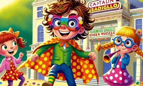 Camilla, una ragazza di circa 10 anni, ha capelli castani disordinati e occhi scintillanti di malizia. Indossa un costume da supereroe fatto di lenzuola colorate, con un grande sorriso sul volto, pronta a usare il suo potere di sbadiglio. Accanto a lei, Capitan Puzzle, un ragazzo di 11 anni con capelli rossi e lenti di colori vivaci, indossa un costume a pois e tiene un libro di enigmi, mostrando un'espressione di eccitazione. Miss Fischietto, una ragazza di 9 anni con capelli biondi intrecciati e occhiali giganti, suona il suo fischietto con aria determinata. La scena si svolge in un parco soleggiato, pieno di fiori colorati e alberi verdi, dove i bambini giocano e ridono intorno a loro. Sullo sfondo, un vecchio teatro decorato con bandierine colorate si erge maestosamente. Camilla, in piena azione, si prepara a fare un enorme sbadiglio, provocando un vortice di energia che solleva foglie e petali nell'aria, mentre i suoi amici la incoraggiano con sorrisi e risate.