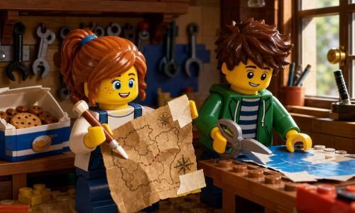 Meisje, 6 jaar, heldere blauwe ogen en sproeten, geconcentreerde, blije uitdrukking, houdt een oude, gekreukte kaart vast en plakt een stuk papier met een klein lijmpenseltje; jongen Sam, 6 jaar, warrig bruin haar, guitige glimlach, houdt een plastic schaar en tekent een blauwe zee op een vel papier, rechts van het meisje aan een klein werktafeltje; afwezige moeder gesuggereerd door een open koekjesblik op een plank; plek: klein houten schuurtje verlicht door een warme zonnestraal met planken vol stoffige boeken, opgehangen gereedschap en gekleurde papierrestjes en LEGO-stukjes op de vloer; scène: samen een schatkaart herstellen—plakken, knippen en tekenen—sfeervol beeld van vriendschap, ontdekking en zichtbare hout- en papiertexturen.