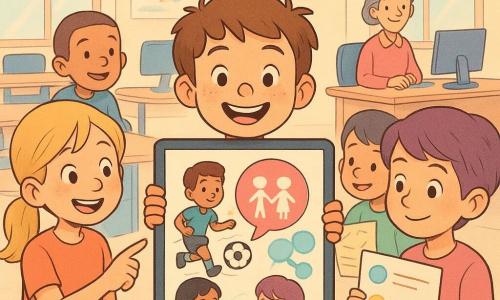 Un niño de 8 años, Lucas, sonriente y orgulloso, rostro redondo con pecas y cabello castaño despeinado, sostiene una tableta luminosa y muestra un gran cartel digital colorido; a su izquierda, Sara, niña de unos 8 años con coletas rubias y mirada entusiasta, señala en el cartel una escena de niños jugando al fútbol y al ajedrez; a su derecha, Emilio, niño de unos 8 años de piel morena y cabello negro corto, sostiene una hoja con ideas sobre reparto de tareas; junto a él, Valeria, niña de unos 8 años con cabello corto teñido de violeta y mirada dulce y segura, lee una poesía breve que flota en la pantalla como burbujas de colores; al fondo, Diego, niño de unos 8 años con corte de cepillo, sentado, se inclina sorprendido y divertido para ver la tableta; la maestra Rosa, mujer adulta con el cabello gris recogido en moño, observa orgullosa desde un escritorio; la escena ocurre en una sala de informática escolar luminosa con paredes decoradas, grandes ventanas, mesas redondas y ordenadores; tema principal: los niños presentan un cartel digital sobre igualdad de género con colores cálidos, burbujas de diálogo, iconos de cooperación y siluetas jugando; atmósfera amable y alegre, estilo sencillo y expresivo, contornos redondeados y paleta pastel.