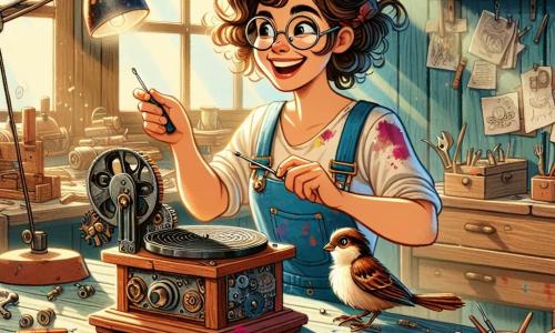 Clara, una mujer alegre de unos treinta años, con cabello rizado y gafas redondas, está trabajando en su taller. Lleva un overol azul cubierto de manchas de pintura y sonríe con entusiasmo, sosteniendo un destornillador en una mano y un extraño aparato en forma de tocadiscos en la otra. A su lado, un pequeño gorrión llamado Chirrín, con plumas marrones y una expresión curiosa, se posa en una estantería, observando atentamente la invención de Clara. El taller está lleno de diversas herramientas, piezas de máquinas y bocetos esparcidos sobre una mesa de madera, con rayos de sol filtrándose a través de una ventana polvorienta, iluminando el espacio de manera cálida. Clara está probando su aparato, que emite sonidos extraños, mientras Chirrín parece impaciente por descubrir qué va a suceder. La atmósfera está llena de energía y creatividad, con un toque de magia en el aire.