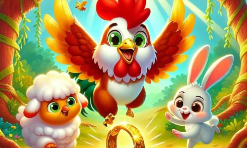 Un gallo gioioso di nome Gallo Giocoso, con piume rosse e dorate brillanti, si trova al centro della scena, con le ali leggermente aperte e un grande sorriso sul becco, esprimendo la sua determinazione. Alla sua destra, una dolce pecorella bianca di nome Pina, con grandi occhi curiosi, spinge delicatamente l'anello d'oro incastrato tra i rami, mentre a sinistra, un simpatico coniglietto di nome Binky, con orecchie lunghe e pelo grigio, salta con entusiasmo per aiutare. La scena si svolge in una foresta magica, con alberi dai tronchi spessi, foglie verdi brillanti e fiori colorati che punteggiano il terreno. I raggi di sole filtrano tra i rami, illuminando l'anello d'oro che brilla al centro dell'attenzione. Gallo Giocoso, Pina e Binky lavorano insieme con energia per liberare l'anello d'oro dai rami, con espressioni piene di gioia e amicizia, illustrando la forza della loro collaborazione.
