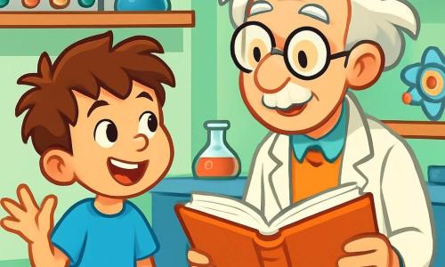 Een 8-jarig jongetje, Max, met rommelig bruin haar en nieuwsgierige sprankelende ogen, zit op een houten bank in een helderlaboratorium. Hij draagt een felblauw T-shirt en een gele short, en heeft een grote glimlach op zijn gezicht, wat zijn enthousiasme toont. Naast hem staat professor Pluim, een oudere man met rommelig grijs haar en een grote ronde bril, die warm glimlacht terwijl hij een open boek vasthoudt. Het laboratorium is gevuld met kleurrijke proefbuizen, boeken met glanzende omslagen en vreemde wetenschappelijke apparaten, met lichtgroene muren en planken vol fascinerende voorwerpen. In deze scène deelt Max opgewonden zijn ontdekking over neurodiversiteit, terwijl professor Pluim aandachtig naar hem luistert, wat een sfeer van steun en leren creëert.