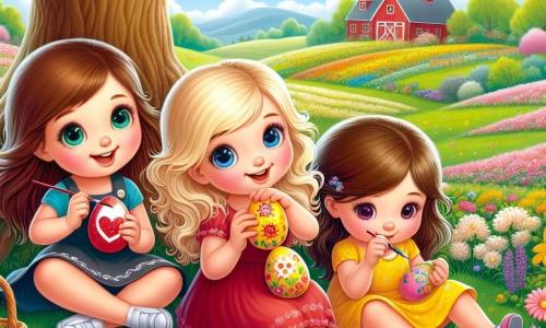 Drei kleine Mädchen, Mia, Lotte und Emma, sitzen auf einer sanften grünen Wiese unter einem großen Baum. Mia, ein 7-jähriges Mädchen mit braunen Haaren und runden Brillen, malt ein rotes Ei mit einem Herzen. Neben ihr dekoriert Lotte, ebenfalls 7 Jahre alt, mit blonden Haaren und einem gelben Kleid, ein gelbes Ei, das eine Sonne darstellt. Schließlich streut die 6-jährige Emma mit braunen Haaren und einem kleinen Zopf Glitzer auf ein buntes Ei, ihr Gesicht strahlt vor Freude. Der Ort ist ein schöner Bauernhof im Frühling, umgeben von bunten Blumen, einem klaren blauen Himmel und zwitschernden Vögeln in den Bäumen. Im Hintergrund sieht man eine kleine rote Scheune und ein grünes Feld. Die Hauptsituation zeigt die drei Freundinnen, die fröhlich ihre Ostereier dekorieren, umgeben von lebhaften Farben und Lachen, während ein neugieriger kleiner Hase sie hinter einem Busch beobachtet, bereit, sie zu einer schokoladigen Überraschung zu führen.