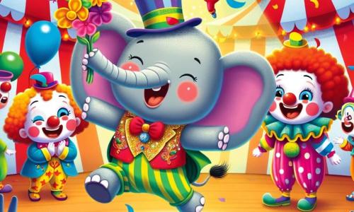 Un pequeño elefante llamado Pipo, con piel gris y grandes orejas, está en el centro de la escena, saltando alegremente con una expresión de emoción en su rostro. Lleva un pequeño sombrero de payaso colorido en la cabeza y su trompa está levantada, lista para hacer un truco. A su derecha, la trapecista, la dama Lulú, está suspendida en el aire, vestida con un traje brillante de colores vivos, sonriendo y animando a Pipo a saltar. A su izquierda, dos payasos, Risi y Riso, con narices rojas y trajes multicolores, ríen mientras sostienen flores que echan agua, añadiendo locura a la escena. El lugar es un circo animado, con una gran carpa a rayas rojas y blancas de fondo, luces brillantes y espectadores maravillados que aplauden. Globos de colores flotan en el aire y confeti cae a su alrededor. La situación principal muestra a Pipo realizando un salto acrobático, rodeado de risas y aplausos, capturando el espíritu alegre y mágico del circo.