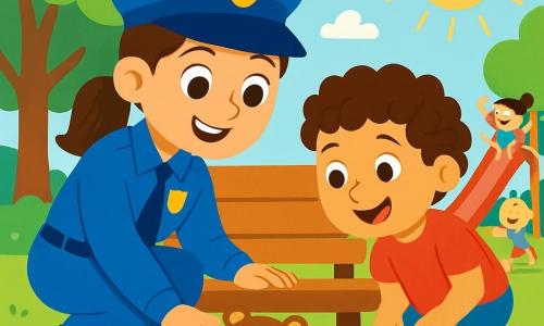Uma policial sorridente, na casa dos trinta anos, veste um uniforme azul vibrante e um chapéu. Ela tem cabelos castanhos presos em um rabo de cavalo e olhos brilhantes de determinação. Ela está agachada, procurando um ursinho de pelúcia debaixo de um banco em um parque ensolarado. Ao lado dela, um menino de 5 anos, chamado Tiago, tem cabelos cacheados e usa uma camiseta vermelha. Ele olha com esperança debaixo do banco, com as mãos nos joelhos e um sorriso de empolgação no rosto. O parque está cheio de árvores verdes com folhas brilhantes, flores coloridas e um grande escorregador vermelho. Crianças brincam ao redor, rindo e se divertindo. A policial e Tiago procuram juntos o ursinho de pelúcia perdido, criando um momento de cumplicidade e aventura em um dia ensolarado.