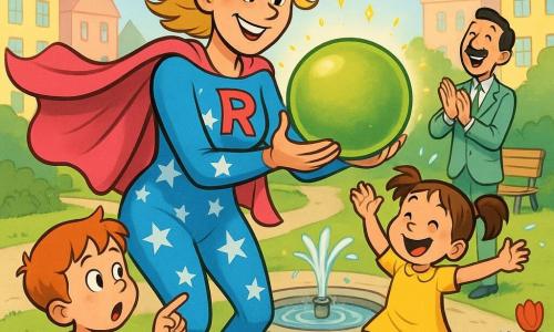 Een vrouwelijke superheld, Super Juf Roos, glimlachend en zelfverzekerd met een felroze cape die wappert, rommelig blond haar en een lichtblauw kostuum met witte sterren, vangt zacht een grote groene magische bal. Een meisje van ongeveer 6 jaar met bruine dotjes en een gele jurk klapt en springt rechts bij de fontein. Een jongen van ongeveer 7 jaar met rood haar en een rood-wit gestreept shirt wijst verbaasd naar de bal links iets naar voren. Een volwassen man (de burgemeester) met een dunne snor en lichtgroen pak applaudisseert blij op het trottoirtje bij een bank op de achtergrond. De magische bal is appelgroen, licht doorschijnend met kleine gouden vonkjes en ligt nu rustig in de handen van de superheldin. De locatie is een zonnig stadspark met groen gazon, rode en blauwe tulpen, een ronde stenen fontein die zacht spat, pastelkleurige gevels en zachte wolkjes aan een blauwe lucht. De hoofdscène toont de superheldin die de kinderen beschermt en de stuiterende bal bij de fontein opvangt; vrolijke sfeer, felle kleuren, afgeronde vormen en vriendelijke uitvergrote gezichtsuitdrukkingen voor kleintjes.