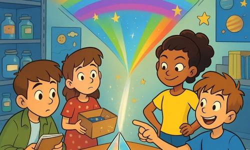 Four children: Milo, ~10, short brown hair, curious eyes, wearing a khaki jacket, crouched left of the lab table holding an open detective notebook; Zara, ~10, black curly hair in a ponytail, yellow T-shirt, standing center-right with hands on hips and a mischievous look toward the glass prism jar; Ben, ~10, tousled light-brown hair, blue T-shirt, right of the table, smiling and pointing at the jar relieved; Poppy, ~8, short brown hair, polka-dot dress, slightly behind Milo left, holding an open cardboard box spilling glitter and beads, shyly embarrassed. Bright science club room with paint-stained wooden tables, metal shelves of labeled jars, colorful posters of planets and the water cycle, an open cupboard with poster rolls, light tiled floor speckled with glitter. A glass prismatic jar on the central table emits a white beam that splits into a vivid rainbow on the ceiling; glitter traces, a folded note reading FOR THE LIGHT SHOW partly visible, and paper stars on the wall surround it; joyful discovery and reconciliation moment, 90s cartoon style, saturated colors, bold outlines and exaggerated expressions.