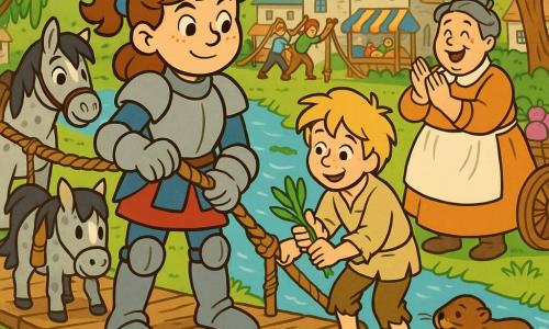 A young female knight with a round freckled face, brown hair tied with a blue ribbon and a gentle determined smile stands on a small wooden suspension bridge holding a thick repaired rope while villagers pull a new well-knotted rope across it to repair the bridge; beside her a roughly ten-year-old shepherd boy named Toma with tousled blond hair and dirt-stained linen offers willow branches at the bridge edge, the mayor Hettie, a plump woman of about 45 with flour on her apron and greying hair in a bun, claps joyfully from the bank near a cart of turnips, a small dapple gray pony called Starling is hitched behind the knight with a visible leather saddlebag, a brown beaver chews on a pile of willow branches a few meters downstream, baskets of bread and cheese wait on the shore, and stone houses, colorful market stalls, green banks and leaning willows frame the scene under a clear sky with a few soft clouds.