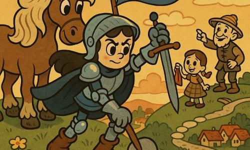 The female knight stands at the center with a determined gentle face, wearing polished silver armor with blue highlights, a deep blue cape billowing, muddy leather boots, and planting a round stone marker with a small wooden shovel while hoisting a blue banner bearing a golden crown; behind her the powerful horse Starhoof with a thick mane and muddy hoof nuzzles her leg; a young girl with brown braids in a simple checked dress holds a red cloth aloft a few paces to the right, amazed, and an older man in a patched tunic and straw hat points toward the road with a grateful smile in the background; the scene is a grassy hilltop at dusk with short grass and yellow flowers, a row of white stones forming a path, a broken log footbridge below and colorful village roofs in the distance, warm sunset colors, child-friendly centered composition.