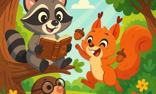 Benny, a small raccoon with sparkling eyes and gray-black fur, is sitting on a branch of a large oak tree, smiling with perked ears, holding an old leather notebook in his paws. Next to him, Lola, a squirrel with vibrant red fur and a bushy tail, jumps for joy, her eyes shining with excitement as she holds a handful of hazelnuts. Max, a small mole with brown fur and round glasses, peeks out of his hole, looking curious and slightly surprised, with his little paws in the air. The setting is a sunny clearing surrounded by tall trees with bright green leaves, with colorful flowers scattered on the ground. A gentle ray of sunlight filters through the branches, illuminating the scene. Benny and his friends discover a mysterious treasure notebook, surrounded by an atmosphere of adventure and curiosity, ready to solve puzzles and search for hidden treasure.