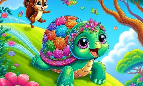 O broască țestoasă pe nume Tita, cu un carapace strălucitoare și colorată, stă pe vârful unui deal verde, cu o privire uimită și veselă, pregătită să se lase purtată de vânt. Lângă ea, o veveriță mică pe nume Zizi, cu blană brună și ochi sclipitori, sare din ramură în ramură, încurajând-o pe Tita cu un zâmbet larg. În fundal, un cer albastru strălucitor este presărat cu nori pufoși, în timp ce flori colorate și copaci majestuoși înconjoară locul, creând o atmosferă magică și jucăușă. Tita, plină de curaj, se pregătește să alunece pe panta dealului, cu vântul în branhii, gata să trăiască o aventură palpitantă.