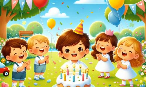 In a sunny park, four children are playing together. Toby, a three-year-old boy with brown hair and sparkling eyes, is in the center, smiling with a birthday cake in front of him. To his right, Lily, a three-year-old girl with curly golden hair, is clapping joyfully. On the left, Max, a three-year-old boy in a red wheelchair, is laughing as he throws a yellow balloon into the air. Finally, Bella, a three-year-old girl with brown hair and gentle eyes, is singing happily while holding a blue balloon. The park is filled with colorful flowers, tall green trees, and a soft, welcoming lawn. The sky is bright blue with a few fluffy white clouds. The main scene shows Toby blowing out the candles on his birthday cake, surrounded by his friends who are singing and laughing, creating a festive and joyful atmosphere.
