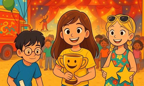 Há 3 personagens: - Lina: uma menina de 11 anos com cabelos longos e castanhos e olhos brilhantes. Ela usa uma camiseta amarela e um short jeans. Ela está no centro, sorrindo, segurando um troféu em forma de boca sorridente. - Ravi: um menino de 11 anos com cabelos pretos bagunçados e óculos redondos. Ele veste uma camiseta azul e uma calça verde. Ele está à esquerda de Lina, segurando um grande pedaço de giz, pronto para desenhar no chão. - Bia: uma menina de 11 anos com cabelos loiros trançados e óculos de sol na cabeça. Ela usa um vestido colorido com flores e está à direita de Lina, segurando estrelas de papel que está pronta para distribuir. O local é sob um grande picadeiro de circo, com cores vibrantes de vermelho e amarelo, e luzes brilhantes iluminando o espaço. O chão é coberto de serragem dourada, e balões flutuam no ar, criando uma atmosfera festiva. Ao fundo, vêem-se caminhões decorados com padrões vibrantes e artistas se aquecendo. A cena principal mostra Lina, Ravi e Bia organizando uma fila alegre para o circo, com crianças de todas as cores esperando ansiosamente. Lina sorri segurando o troféu, enquanto Ravi desenha setas no chão e Bia distribui estrelas, criando uma atmosfera de camaradagem e alegria.